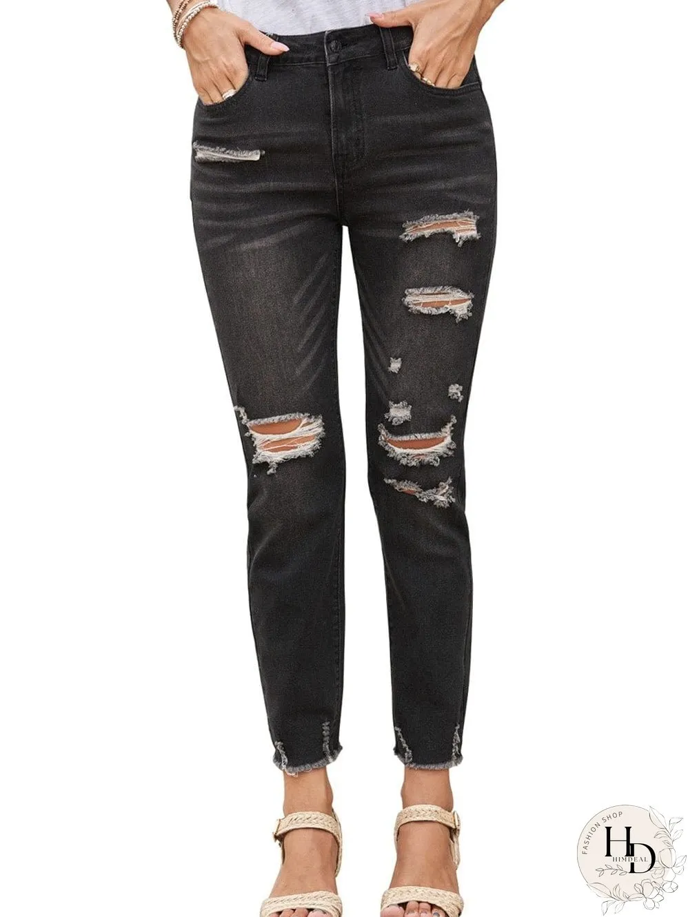 Retro Distressed Straight Leg Black Denim Jeans
