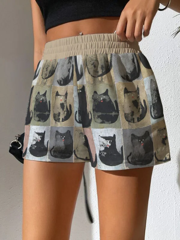 Women's Casual Funny Cute Cat Art Graphic Printed Shorts