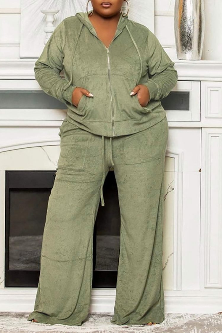 Plus Size Daily Green Tracksuit Long Sleeve With Zipper Pockets Two Piece Pants Set