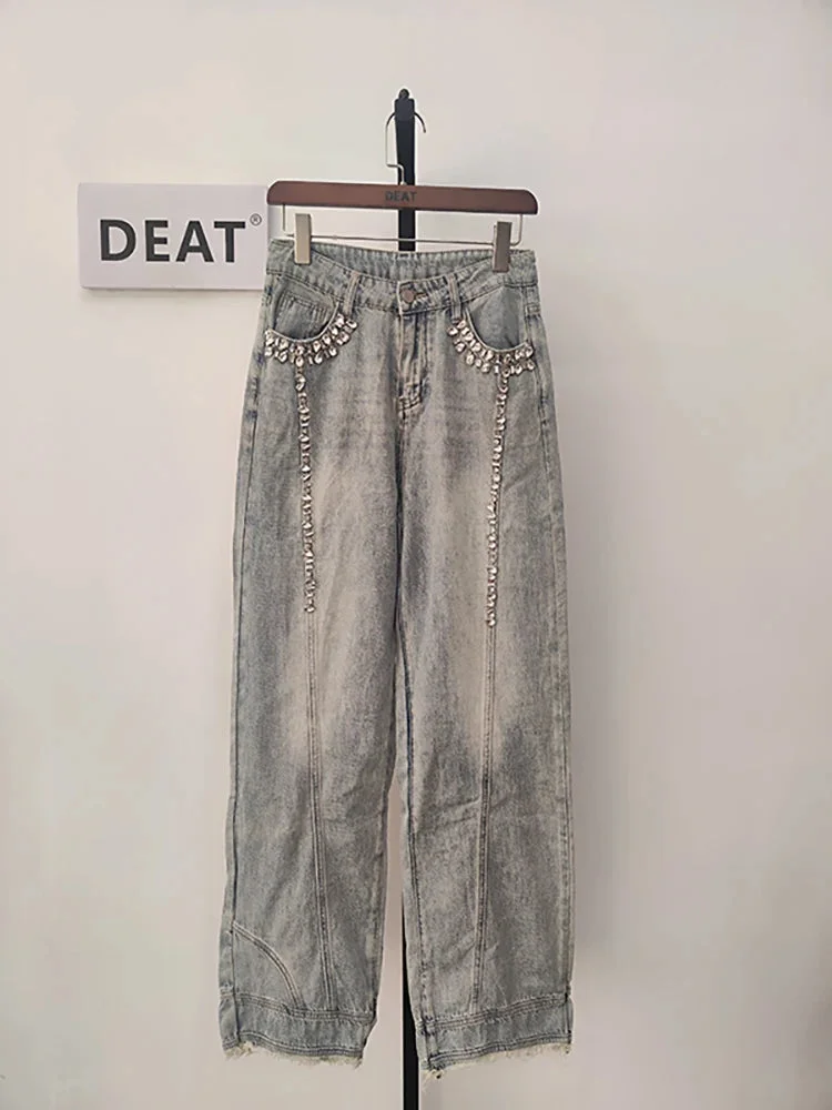 Huibahe Women's Jeans Diamond Spliced High Waist Long Loose Straight Wide Leg Burrs Denim Pants 2024 Summer New Fashion 29L2711