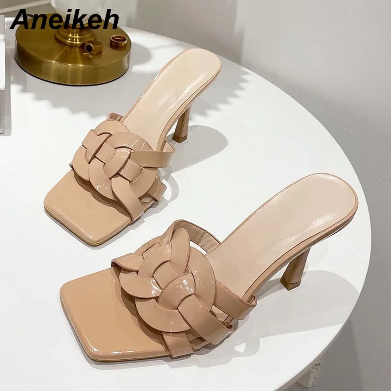 Aneikeh 2021 NEW Summer Women's Shoes Fashion Classics Sweet Narrow Band PU Solid Stiletto Heels Slippers Retro Zapatos De Mujer