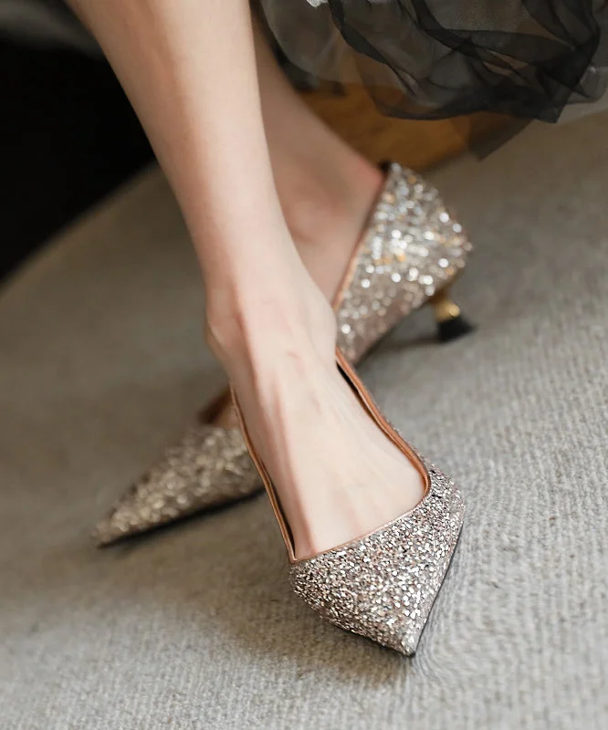 Women Splicing Pointed Toe High Heels Gold Faux Leather Sequins