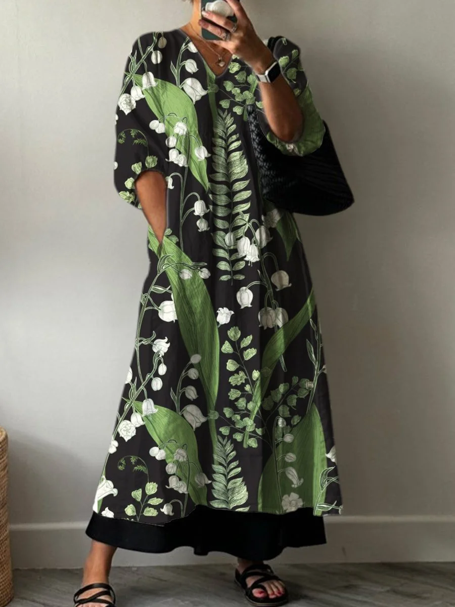 Vintage Floral Print Pocket V-neck Cotton Dress