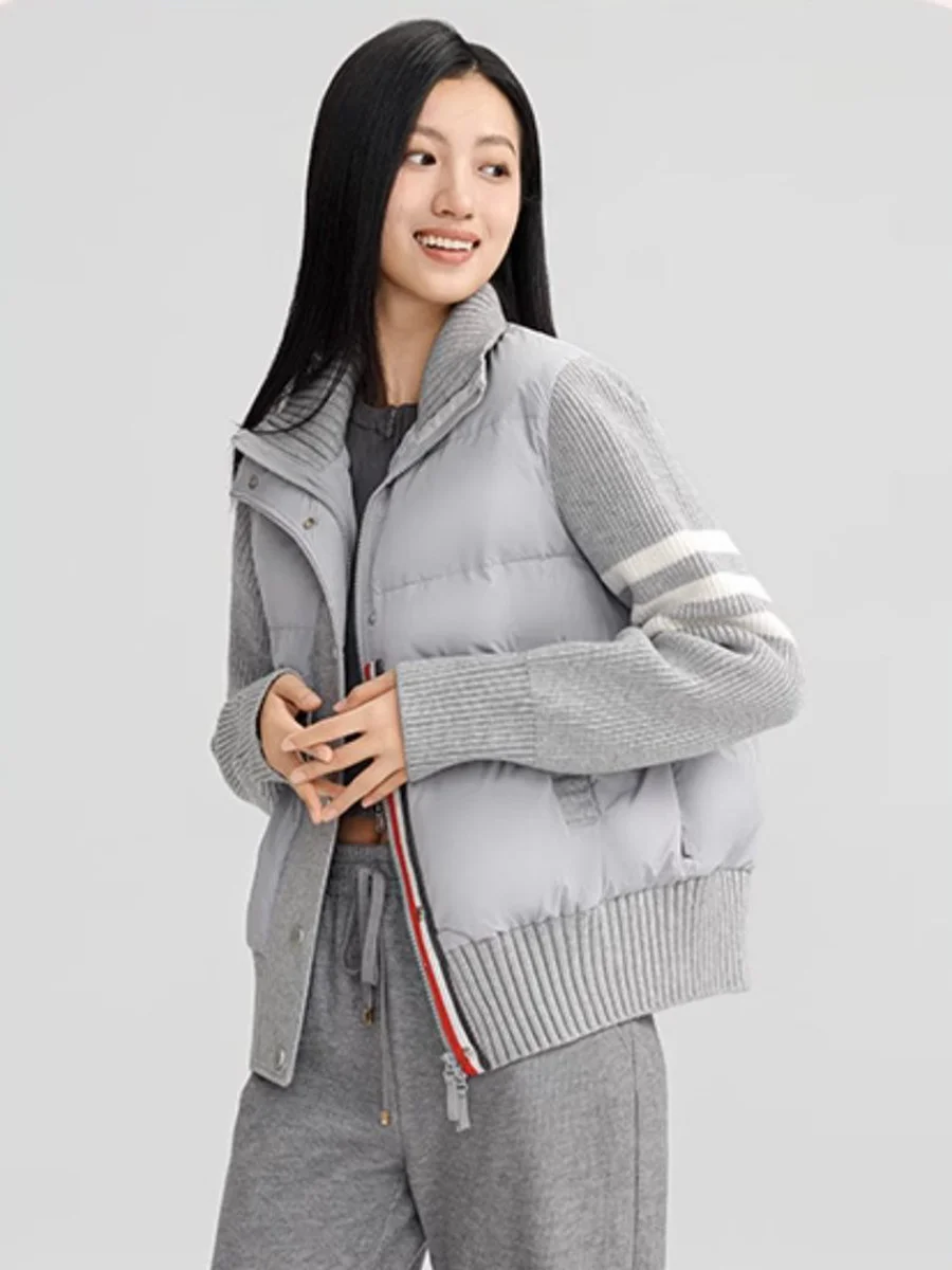 Toloer Knitting Splicing Light Down Jacket Female 2024 Winter Fashion Contrast Color Stripe Vertical Collar Casual White Duck Down Coat-Outfit Ideas