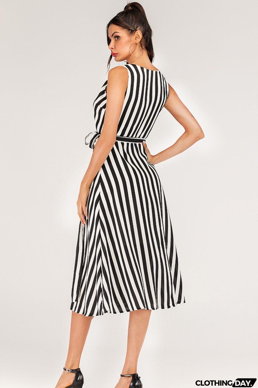 Striped Surplice Tied Sleeveless Dress