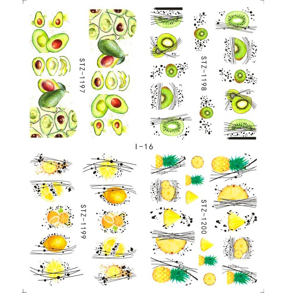 Nail Stickers Water Transfer Fruits Abstract Art Designs 4Pcs/Set Nail Decal Decoration Tips For Beauty Salons