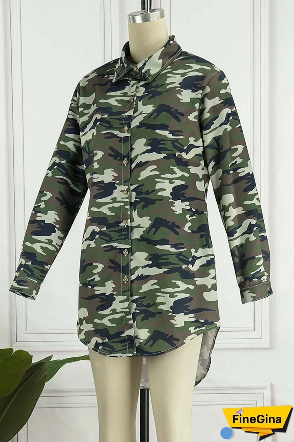 Camouflage Casual Camouflage Print Patchwork Turndown Collar Shirt Dress Dresses