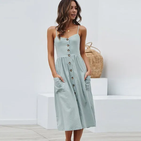Button Striped Print Cotton Casual Beach Summer Dress Sexy Spaghetti Strap Pockets V-neck Off Shoulder Women Midi Dress Vestidos