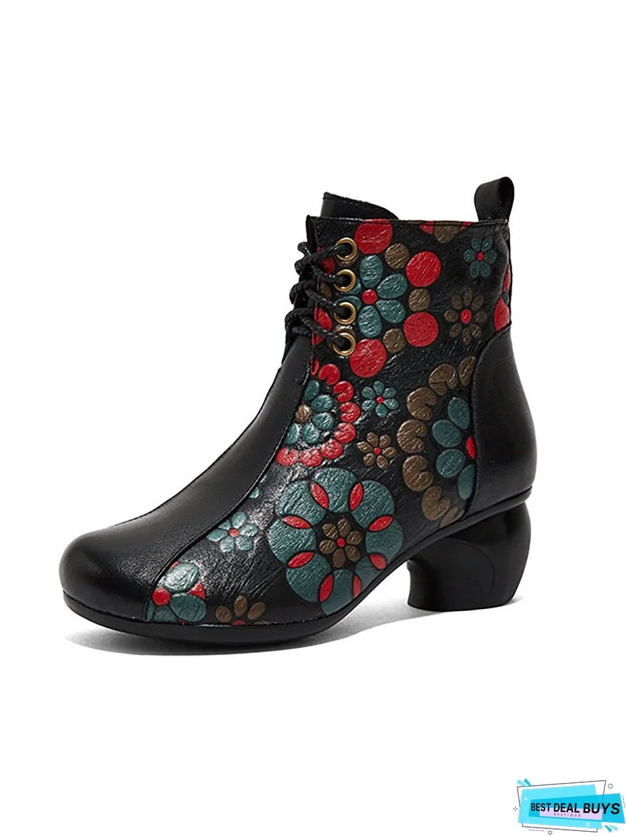 Women Retro Leather Flower Print Chunky Heel Boots