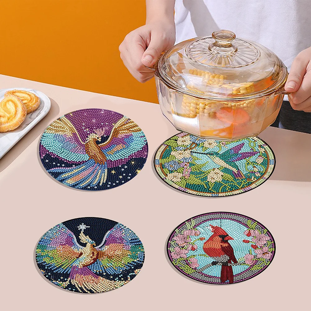 4pcs DIY Phoenix Hummingbird Wooden Diamond Painted Placemats for Dining Table Decor(16*16cm)