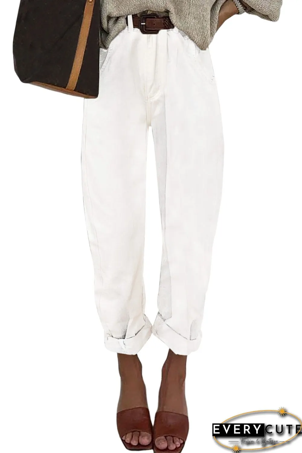 White Solid High Waist Casual Pants