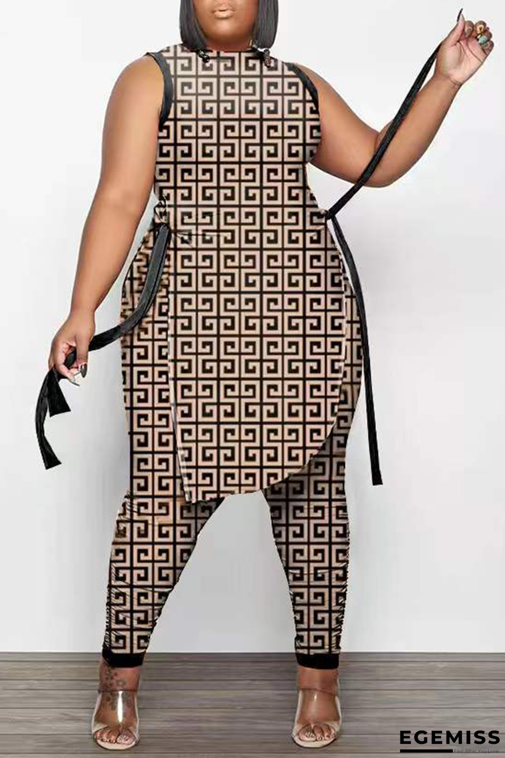 Coffee Sexy Print Patchwork O Neck Sleeveless Two Pieces | EGEMISS