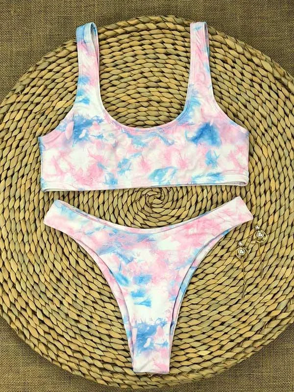 Tie-Dyed Printed Vest Style Split Bikini Swimsuit