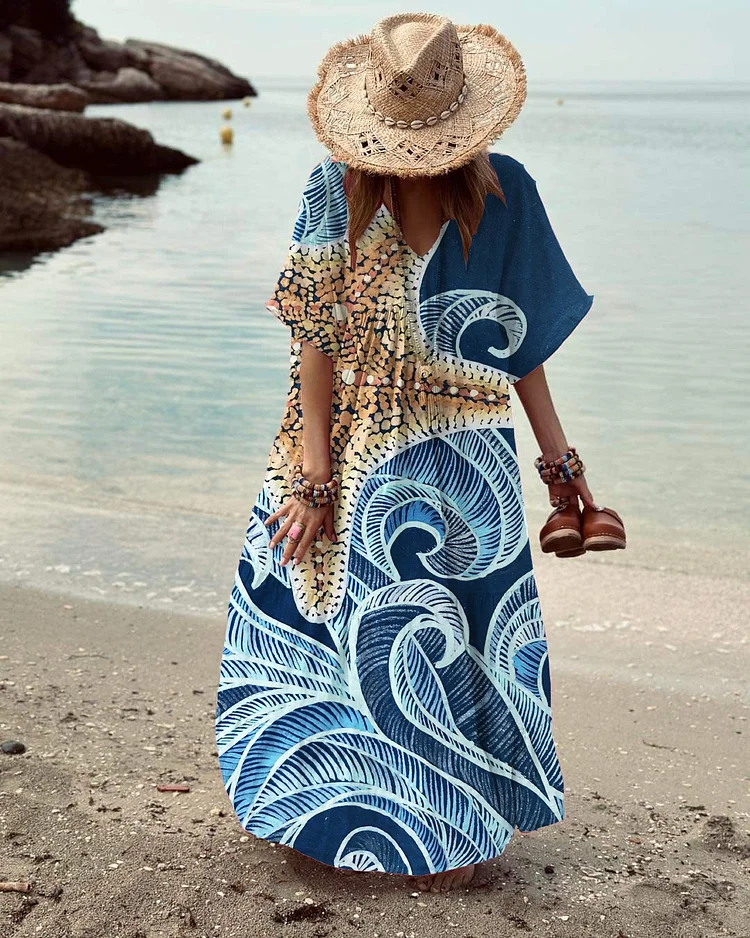 Women's V-Neck Starfish Beach Print Beach Dress socialshop