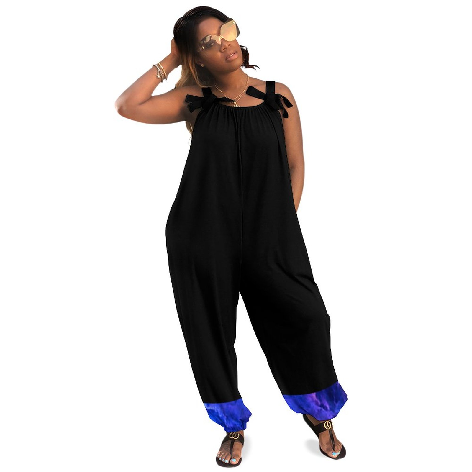 Women Loose Harem Jumpsuit Sleeveless Plus Size Black Purple Clouds Pattern Summer Overall Casual Jumpsuits Long Length Pockets Polyester Spandex