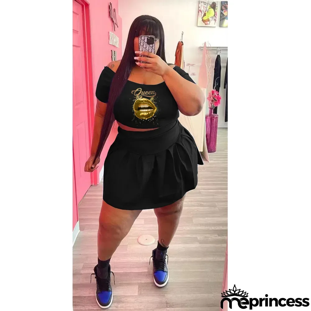 Fashion Plus Size Athleisure Pleated Skirt Two Piece Set