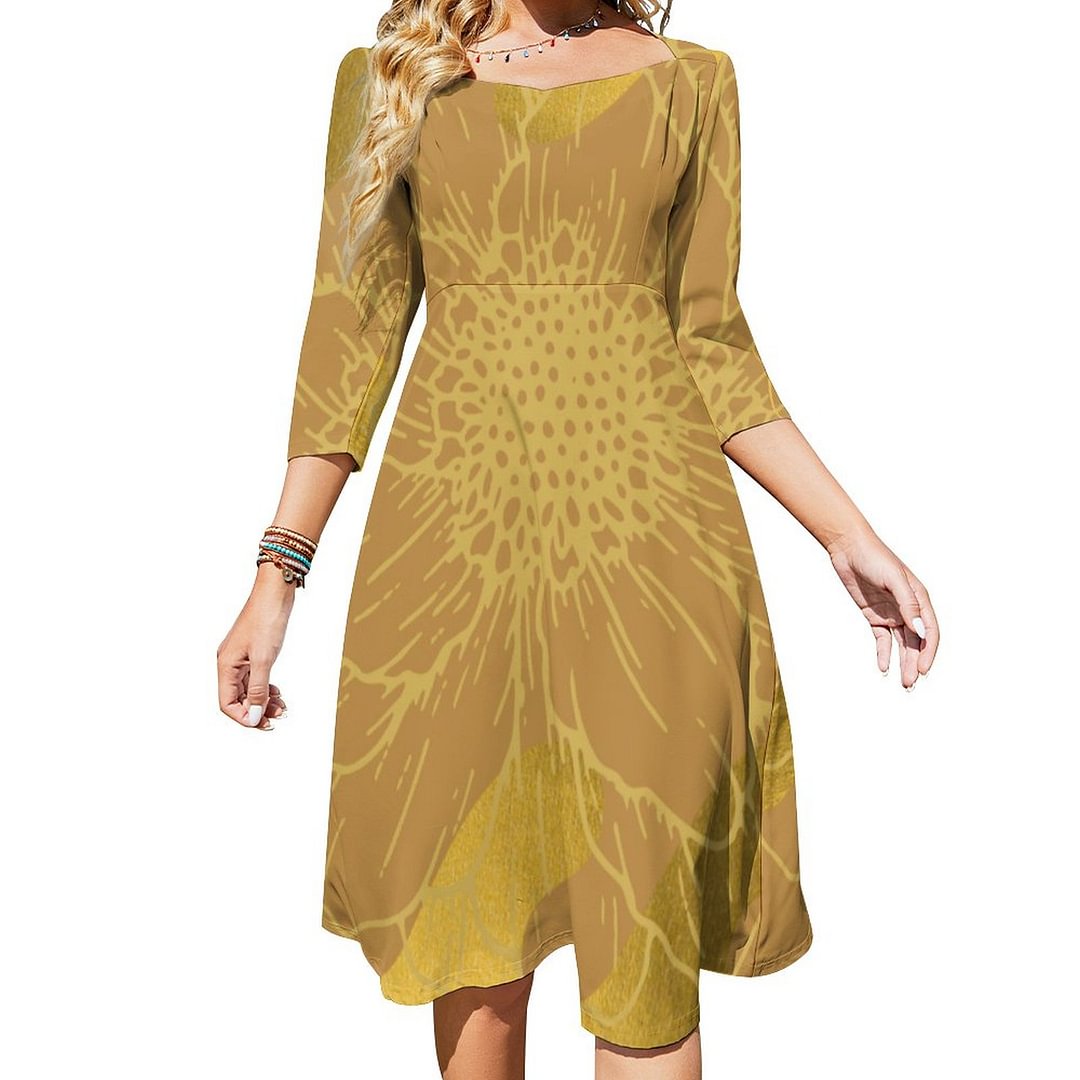 Elegant Gold Leaf And Flower Background Dress Sweetheart Tie Back Flared 3/4 Sleeve Midi Dresses