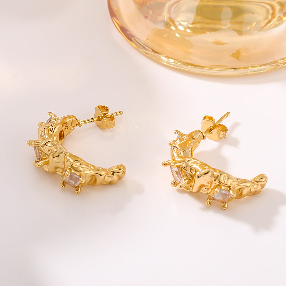 IG Style Zircon Asymmetrical Pleated Geometric Stainless Steel Electroplating Earrings