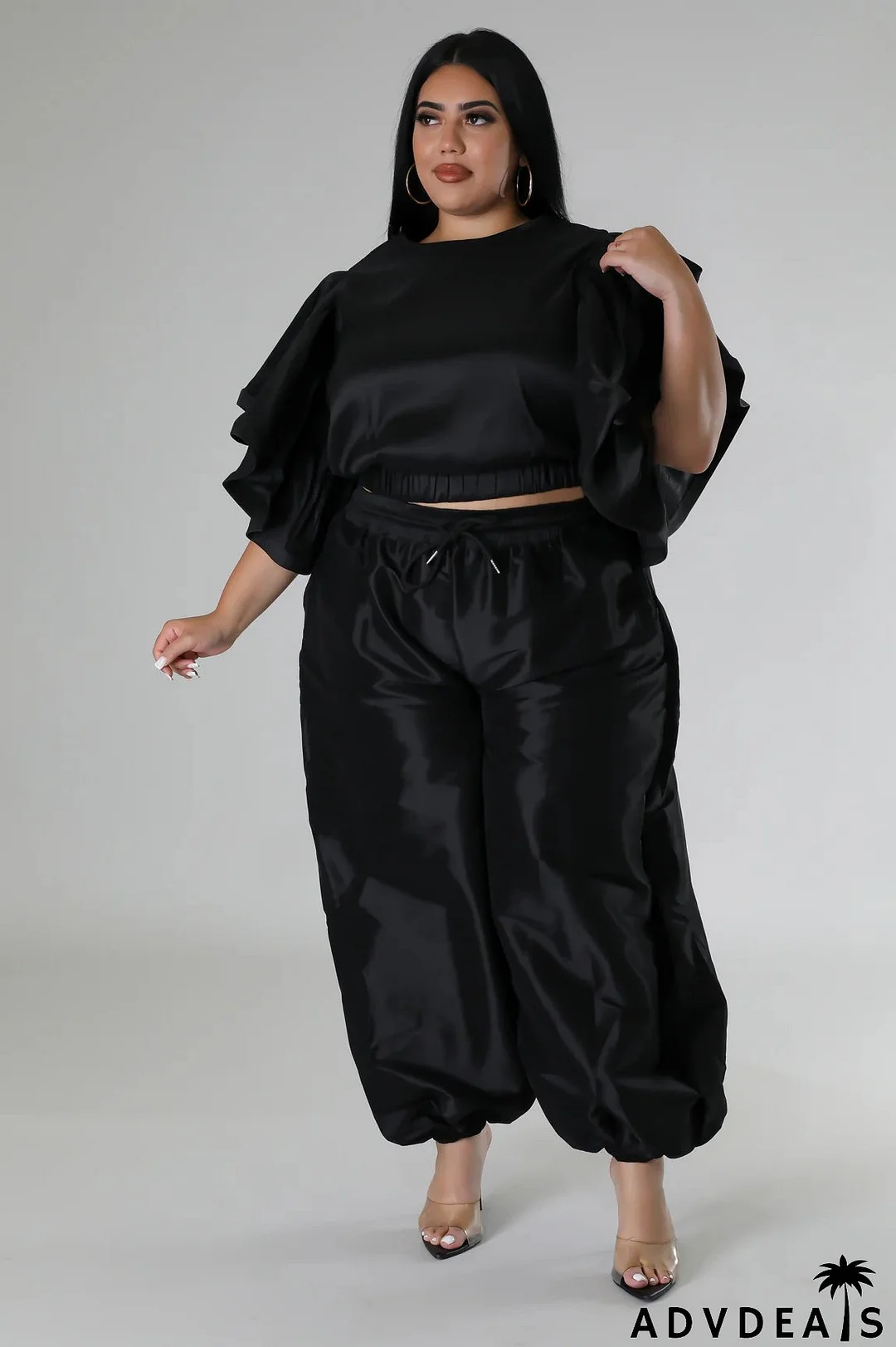 Women Ruffle Edge Sleeve Lace-Up Top and Elastic Pants Two-piece Set