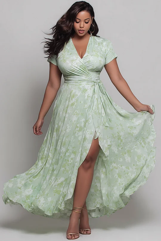 Green Dress for Women Bohomian Wrap Short Sleeve Maxi Dress with Belts Flowy Long Dresses Plus Size L-5XL (Sleeveless Green, XXXXXL) at Women's Clothing store