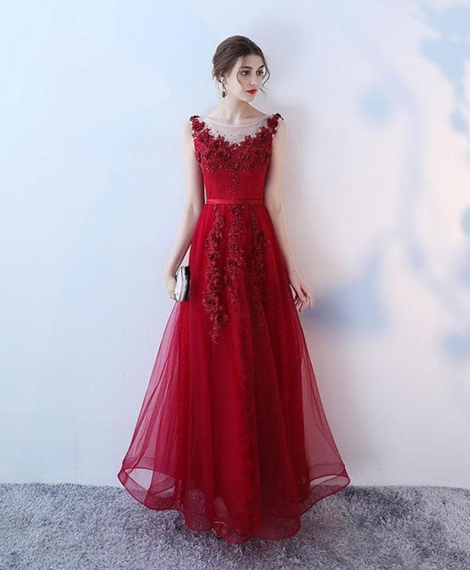 Burgundy Tulle Lace Long Prom Dress