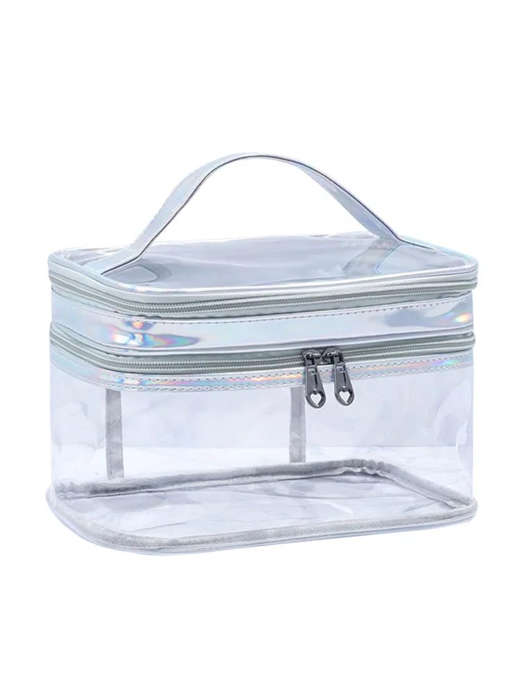 Women Transparent PVC Makeup Bag Zipper Waterproof Handbags (Silver)
