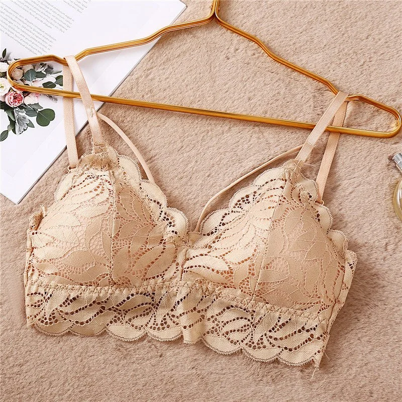 FINETOO Sexy Deep V Lace Bralette Women Floral Tank Tops Female Wire Free Lingerie Soft Padded Bra Sexy Bras Intimates S-XL New