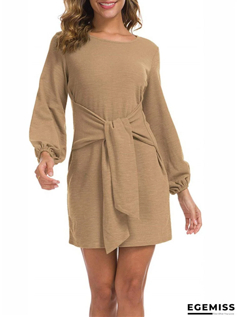 New Women's Waist Long Sleeve Strap Solid Color Dress | EGEMISS