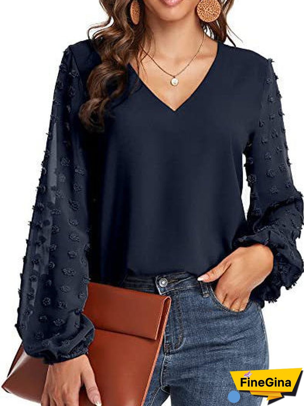Women's Stitching Polka Dot Solid Color V-Neck Long Sleeve Top