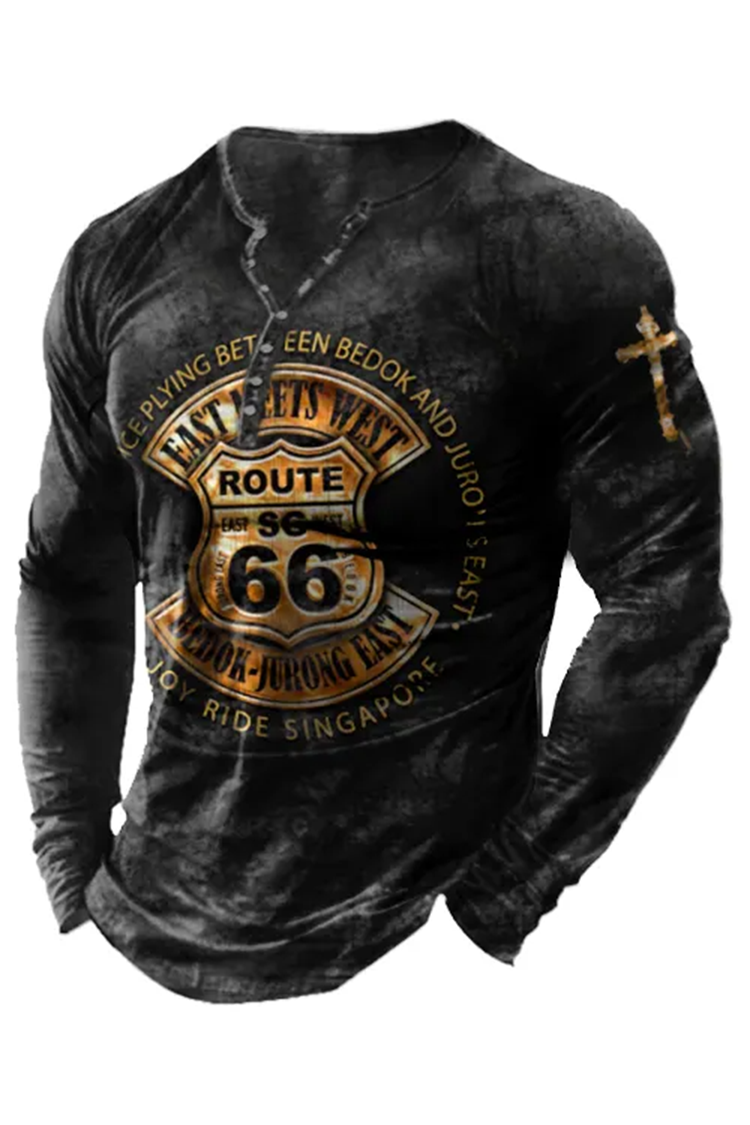 Tiboyz Men's Vintage Route 66 Print Henley Collar T Shirt