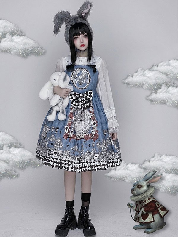 Lolita Jumper Skirt Dress Chiffon Alice In Wonderland Girls Diamond Sweet Dress Novameme