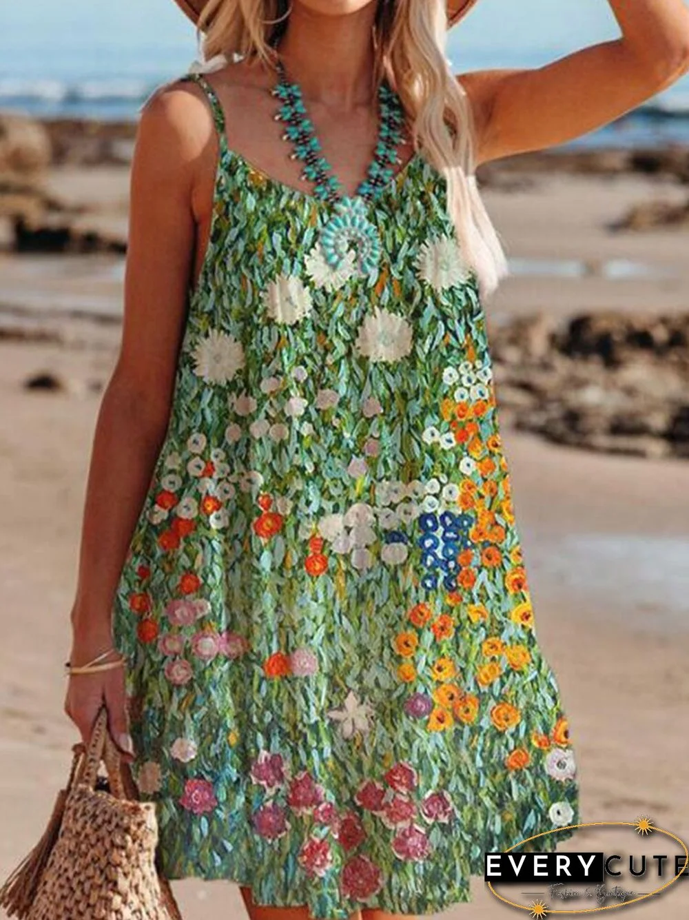 Summer Vintage Pattern Printed Beach Dress Women Casual Sling V-Neck Lace-up Mini Dress Ladies Fashion Sleeveless Loose Dresses