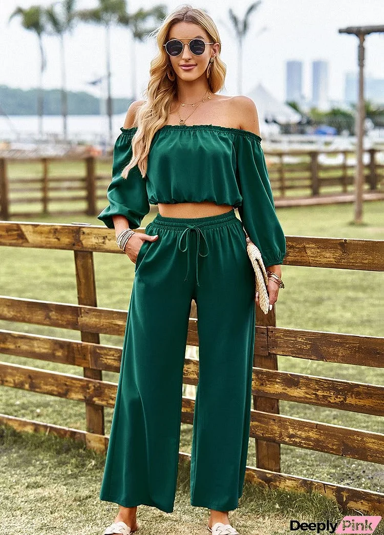 Off-Shoulder Blouse and Drawstring Waist Pants Set