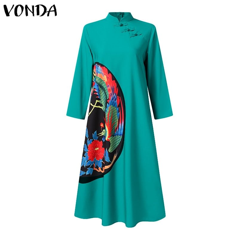 Summer Printed Dress 2022 VONDA Women Vintage Party 3/4 Sleeve Button Up Party Dress High Neck Baggy Vestido Beach Sundress