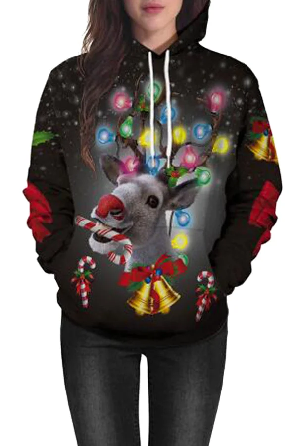 Long Sleeve Reindeer Christmas Hoodie-elleschic