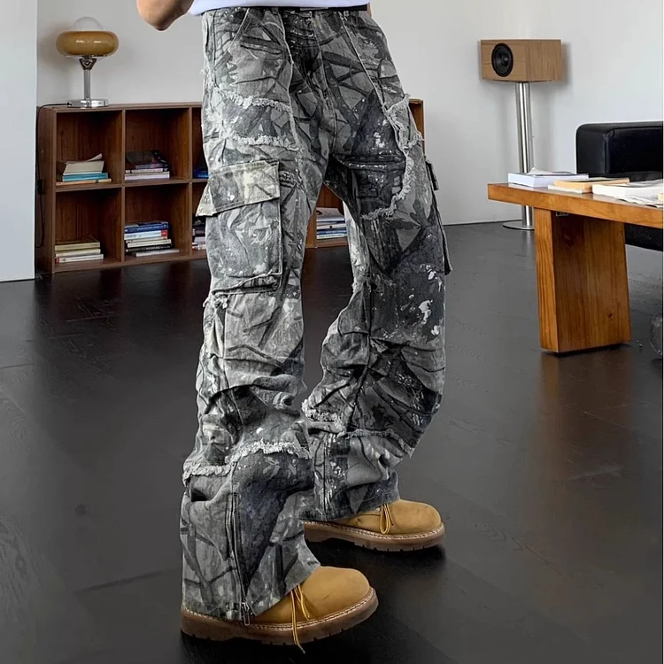 Men's High Street Retro Camouflage Multi-Pocket Jeans
