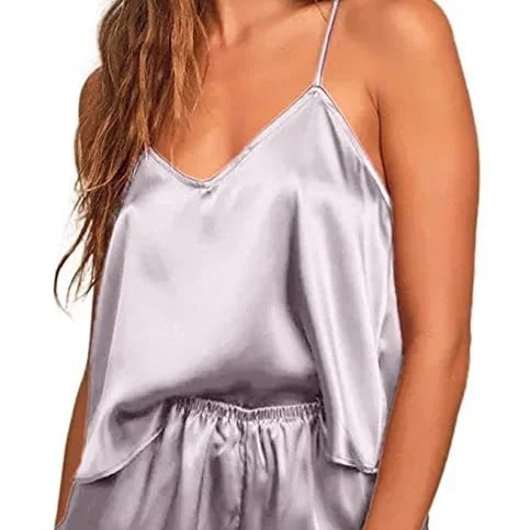 Churchf Women's Simulated Silk Pajamas Solid Color V-Neck Suspension Shorts Two-Piece Pajamas Sexy Fashion Homewear Set