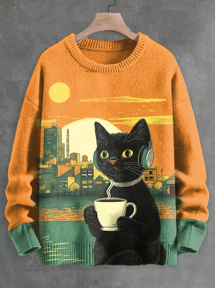 Men's Black Cat Listening To Music And Drinking Coffee Print Knit Sweatshirt