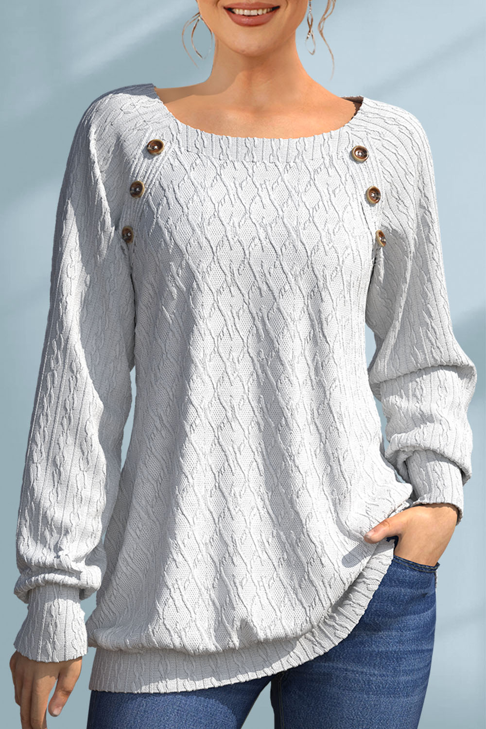 Flycurvy Plus Size Casual White Twist Knit Decorative Button Sweater 2024 - Flycurvy 
