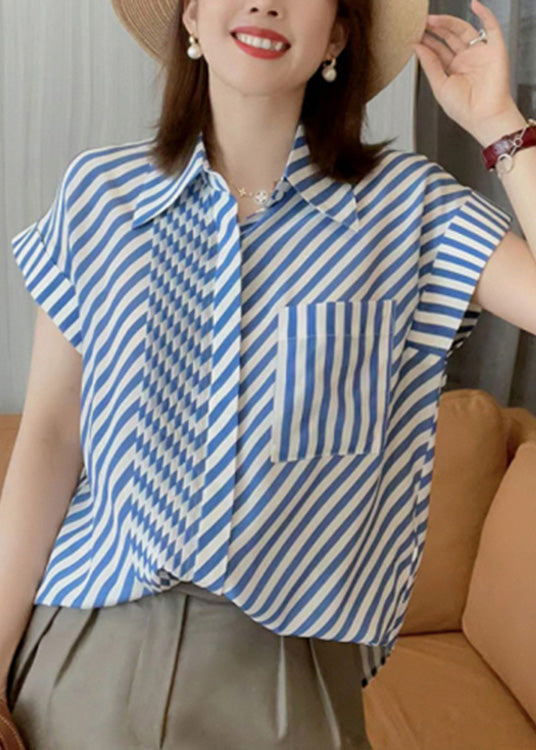 VCSHOES Blue Peter Pan Collar Striped Button Low High Design Silk Shirts Summer