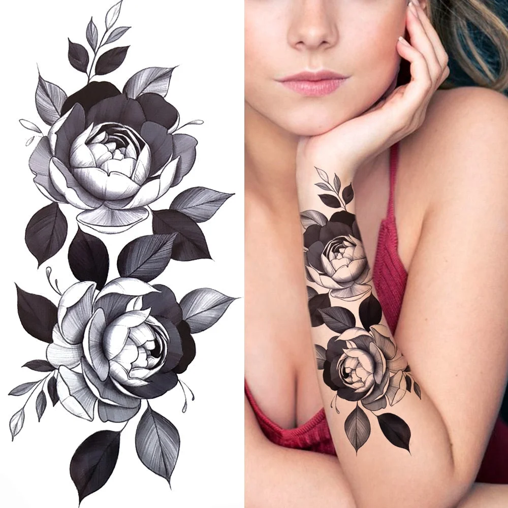 Dragon with Red Rose Tattoo Sticker Realistic Fox Snake Sword Geometric Temporary Tattoo For Women Fake Chains Black Tatoo 515-1