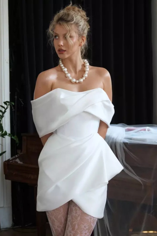 Vlandiya - White Off Shoulder Mini Homecoming Dress Satin Pleated CY0211