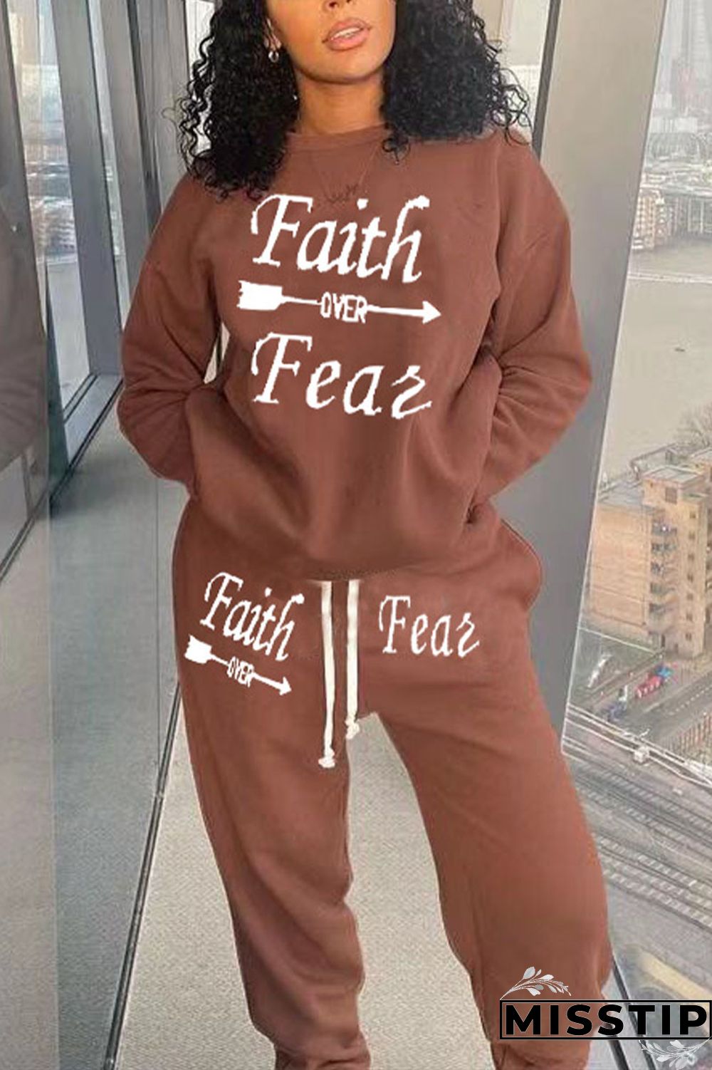 Coffee Casual Print O Neck Long Sleeve Two Pieces