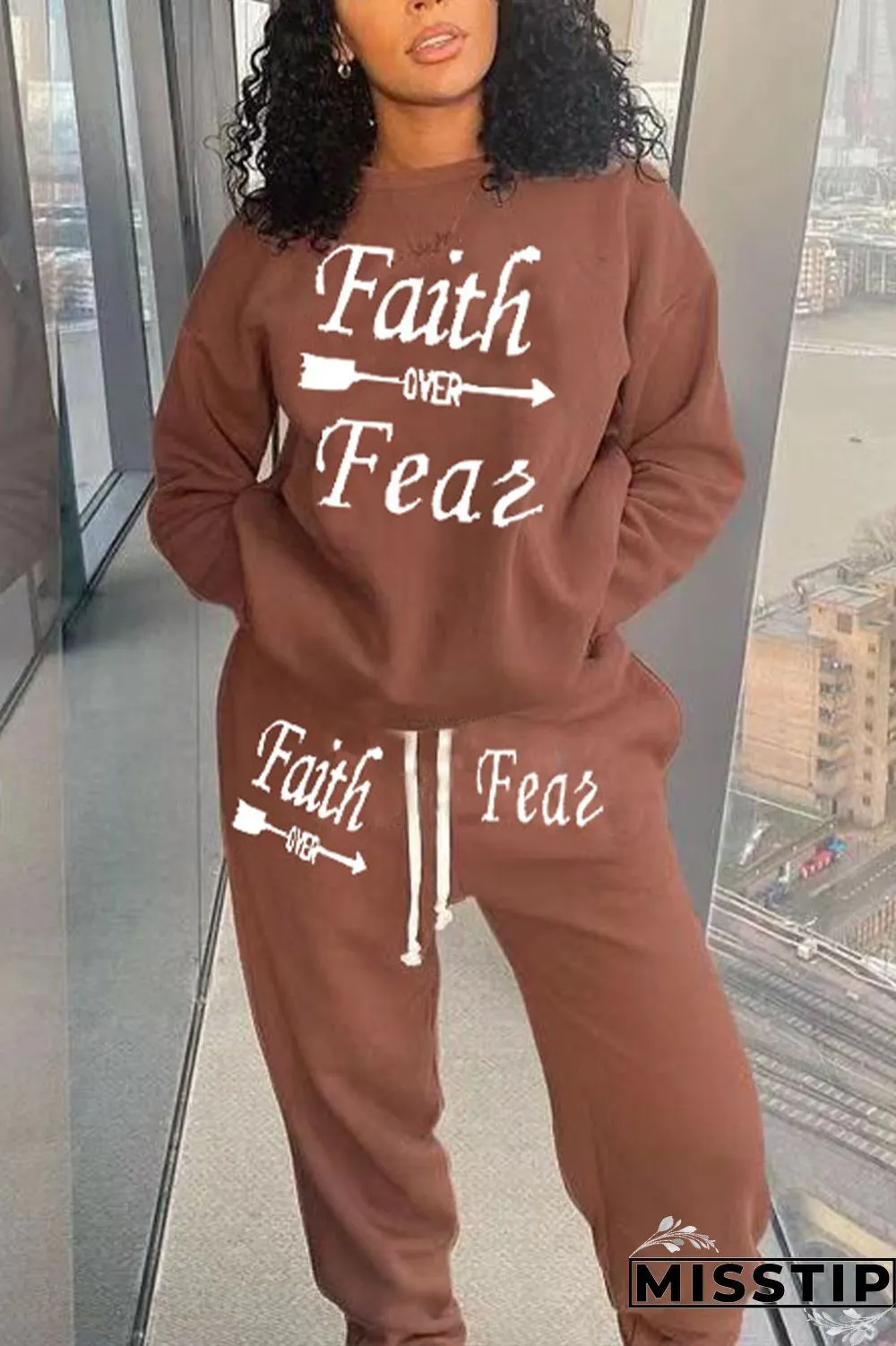 Coffee Casual Print O Neck Long Sleeve Two Pieces