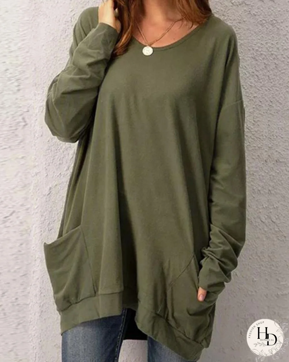 Casual Pockets Long Sleeve Solid Tops Tunics