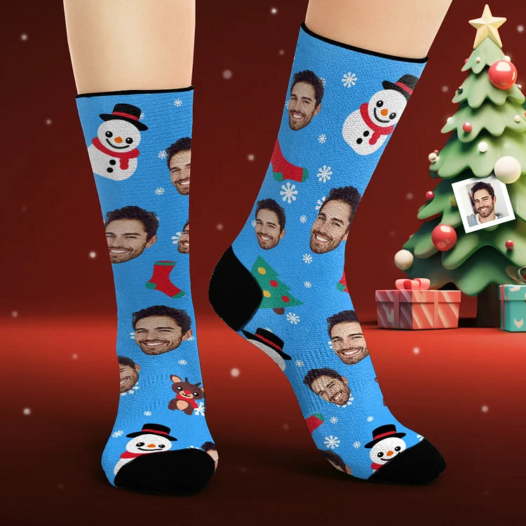 Custom Face Socks Personalized Photo Blue Socks Cartoon Santa Claus and Snowman