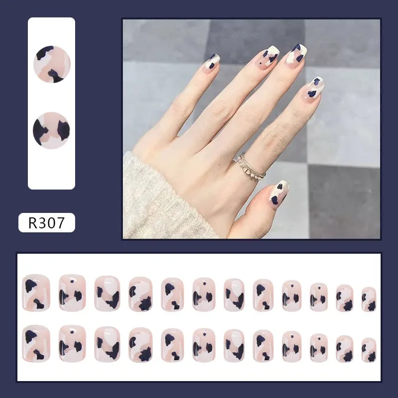Fake Nail Patch Short Paragraph Ballet Nails Green & White color Finished Nail Piece 24PCS Glue Type nails set free shipping-Nail Inspo