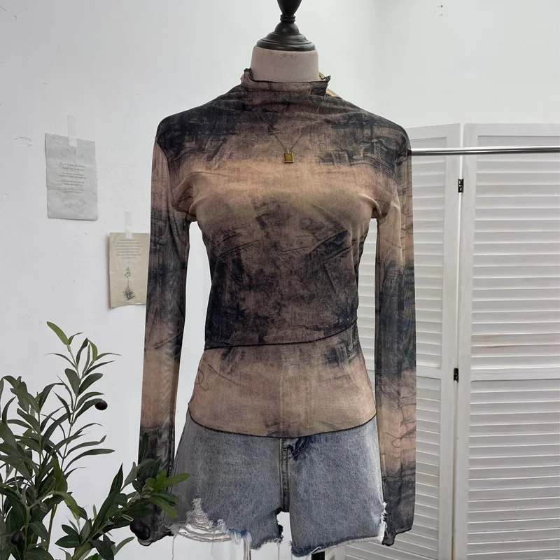 Nigikala Nigikala Shooting Denim Pattern Dye Printing Retro Babes Thin Mesh T-Shirt High-Necked Long Sleeve Bottom Shirt Top 9950