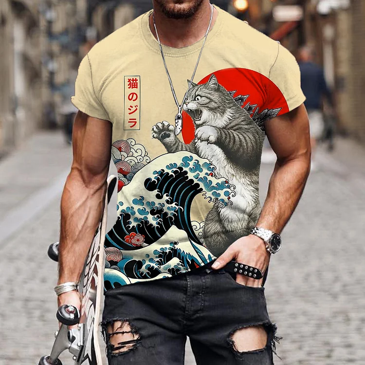 Abstract Creative The Great Waves And Godzilla Japanese Art Cat Print Vintage T-Shirt
