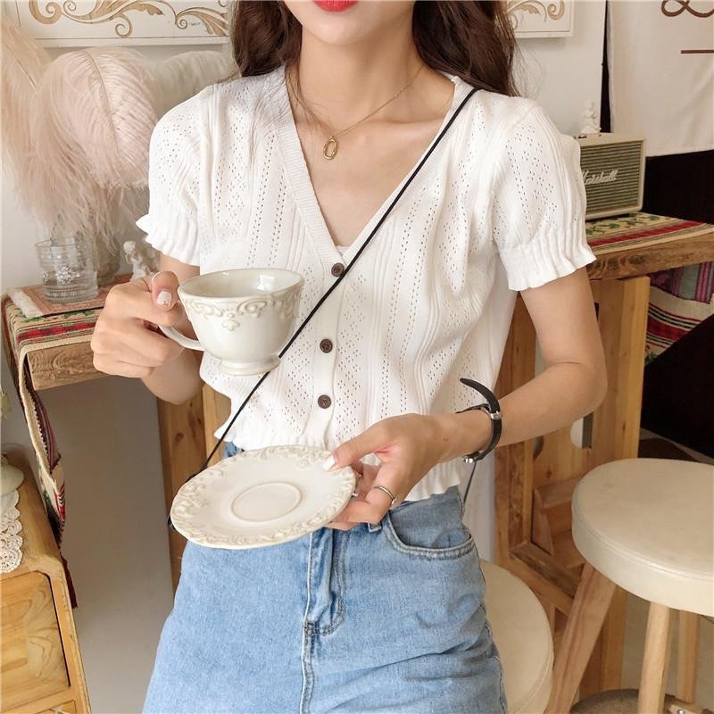 HOLLOW V-NECK KNIT TOP